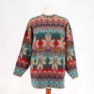 VINTAGE NEEDLES & YARN Abstract Southwestern Print Fuzzy Knit Sweater Size M